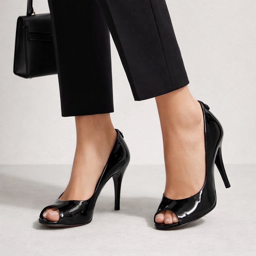 Stuart Weitzman Black Patent Leather Open Toe Heels Size 8
